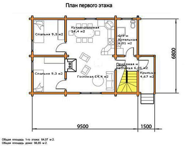 схема планировки дома из бруса 100 метров