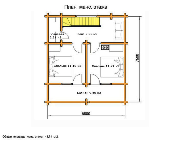 схема планировки второго этажа дома из бруса 80 метров